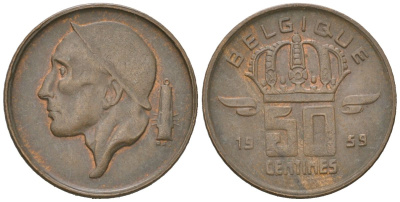 Бельгия 50 сантимов 1959 Belgique, Бодуэн I (1951-1993) KM 148 бронза 4618-123