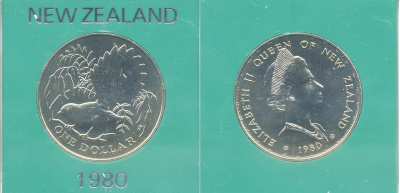 Новая Зеландия 1 доллар 1980 веерохвостка на ветке, Елизавета II (1952-2022), в оригинальной пластиковой упаковке KM 49 медно-никель UNC 3-4-9-21