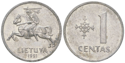 Литва 1 цент 1991 KM 85 алюминий UNC 4618-328