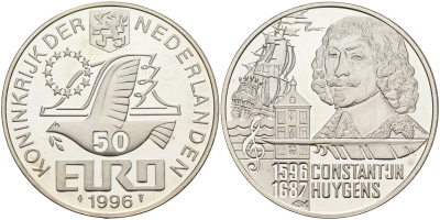 Нидерланды 50 евро 1996 Константейн Хёйгенс (1596-1687)  серебро  PROOF  05-095-43