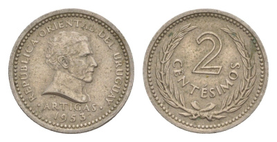 Уругвай 2 сентесимо 1953 KM 33 медно-никель 4636-248