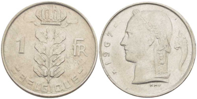 БЕЛЬГИЯ 1 ФРАНК 1967 BELGIQUE, БОДУЭН I (1951-1993) KM 142.1 медно-никель 213-522