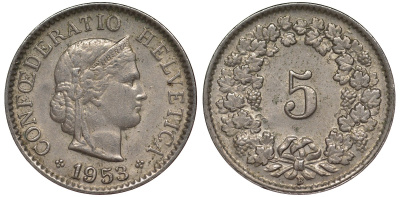 Швейцария 5 раппенов 1953 в KM 26 медно-никель 4124-532