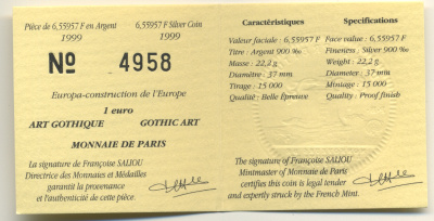 Франция 1 евро = 6,55957 франков 2000 готический стиль в архитектуре (XII-XVI веков) в коробке с сертификатом KM 1246 серебро PROOF 4-3-3-12