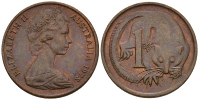 Австралия 1 цент 1978 Елизавета II (1953-), молодой портрет, опоссум KM 62 бронза 4602-223