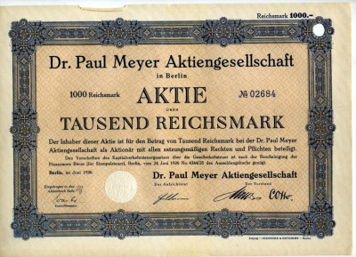 Германия акция в 1000 рейхсмарок 1926 Компания д-р Пауля Майера. Берлин. Dr. Paul Meyer Aktiengesellschaft. Berlin. Электротехника   бумага  aUNC 510-40-1