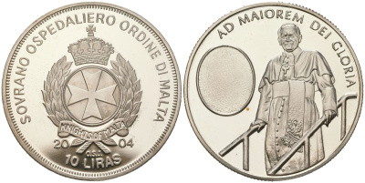 Мальтийский орден 10 лир 2004 Жизнь Папы, Иоанн Павел II - Путешествия Папы, тираж 5.000 экземпляров медно-никель PROOF 1529-322