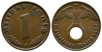 Германия 1 рейхспфенниг 1937 J KM 89, J. 361 бронза    220-164