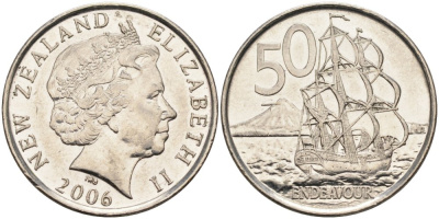 Новая Зеландия 50 центов 2006 Елизавета II (1952-2022), парусник Индевор KM 119а никелированная сталь 4579-1045