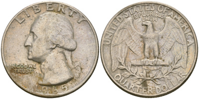 США 25 центов (квотер) 1965 Вашингтон KM 164а медь плакированная медно-никелем    4364-3544