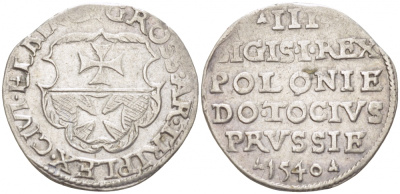 Польша, Эльблонг 3 гроша (трояк) 1540 Сигизмунд I Старый (1506-1548), вес 2,63 г, степень редкости R3 по Копински серебро 00-818-88