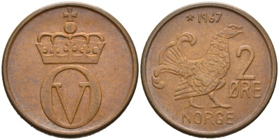 Норвегия 2 эре 1967 глухарь, Улаф V (1958-1991) KM 410 бронза 92-935