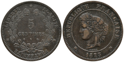 ФРАНЦИЯ 5 САНТИМОВ 1873 К, ТРЕТЬЯ РЕСПУБЛИКА (1871-1940) KM 821.2, LE FRANC 118.9 бронза 34-1217