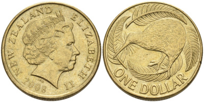 Новая Зеландия 1 доллар 2008 Елизавета II (1952-2022), птица киви  KM 120 алюминиевая бронза 51-1156