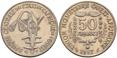 Валютное сообщество стран Западной Африки 50 франков 1987  KM 6 медно-никель  UNC  4595-734