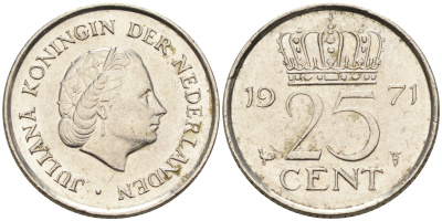 Нидерланды 25 центов 1971 Юлиана (1949-1980) KM 183 никель    4174-658