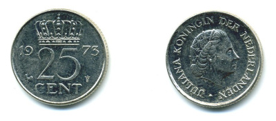НИДЕРЛАНДЫ 25 ЦЕНТОВ 1973 ЮЛИАНА KM 183 никель 76-522