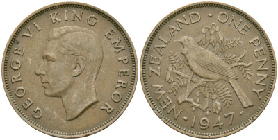 Новая Зеландия 1 пенни 1947 Птица Туи, Король Георг VI (1937 - 1952) KM 13 бронза 97-841