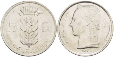 БЕЛЬГИЯ 5 ФРАНКОВ 1977 BELGIQUE, БОДУЭН I (1951-1993) KM 134.1 медно-никель 213-622