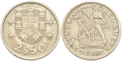 Португалия 2,5 эскудо 1980 парусник KM 590 медно-никель 4513-1153