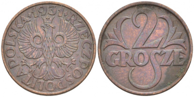 ПОЛЬША 2 ГРОША 1931 w KM 9а бронза 100-425