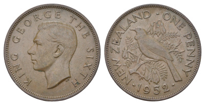 Новая Зеландия 1 пенни 1952 Георг VI (1936-1952), новозеландский туи KM 21 бронза 4512-232