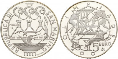 Сан-Марино 5 евро 2003 R,  Летние Олимпийские игры 2004 в Афинах KM 453 серебро PROOF 1087-9-32