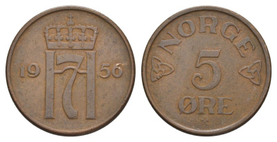 Норвегия 5 эре 1956 Хокон VII (1905-1957) KM 400 бронза 4635-547