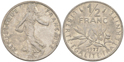 Франция 1/2 франка 1977 сеятель KM 931.1, LE FRANC 198.16 никель 55-1132