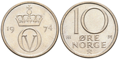 Норвегия 10 эре 1974 Улаф V (1958-1991) KM 416 медно-никель 4580-969