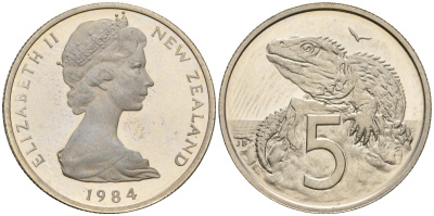 Новая Зеландия 5 центов 1984 Елизавета II (1952-2022), ящерица гаттерия KM 34 медно-никель PROOF 3711-1644