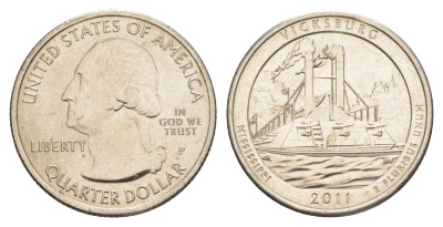 США 25 центов (квотер, 1/4 доллара) 2011 P, Квотеры «Парки США» - Национальный парк Виксбург KM 497 медь плакированная медно-никелем UNC 4638-425