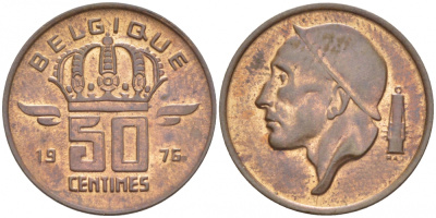 БЕЛЬГИЯ 50 САНТИМОВ 1976 BELGIQUE, БОДУЭН I (1951-1993) KM 148.1 бронза UNC 3996-1237