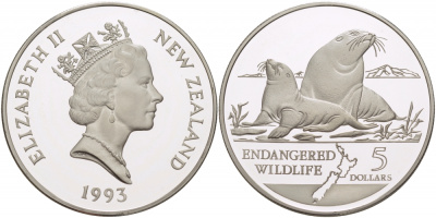 Новая Зеландия 5 долларов 1993 охрана окружающей среды, морские львы KM 89 серебро PROOF 11-177-11