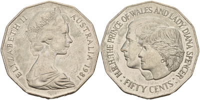 Австралия 50 центов 1981 Елизавета II (1952-2022), свадьба принца Чарльза и леди Дианы KM 72  медно-никель  UNC  4157-931