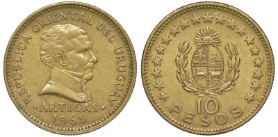 Уругвай 10 песо 1965 KM 48 алюминиевая бронза 81-234