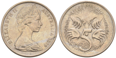 АВСТРАЛИЯ 5 ЦЕНТОВ 1979 ЕЛИЗАВЕТА II, МОЛОДОЙ ПОРТРЕТ, ЕХИДНА KM 64 медно-никель 4564-1158