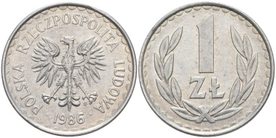 Польша 1 злотый 1986 MW KM 49.2 алюминий 3856-1142