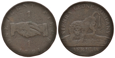 Сьерра-Леоне 1 цент 1791 рукопожатие, лев KM 1 медь 00-812-40