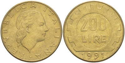 Италия 200 лир 1991 R, шестерня KM 105 алюминиевая бронза 4551-517