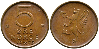 Норвегия 5 эре 1975 Улаф V (1958-1991) KM 415 бронза 26-948