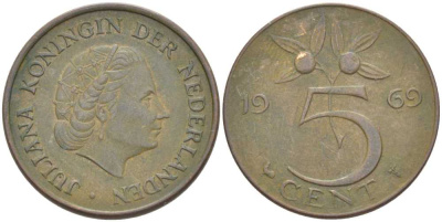 Нидерланды 5 центов 1969 Юлиана (1948-1980) KM 181 бронза 213-1052
