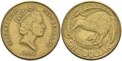 Новая Зеландия 1 доллар 1990 Елизавета II (1952-2022), птица киви KM 78 алюминиевая бронза 29-337