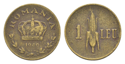 Румыния 1 лей 1940 Карол II (1930-1940), початок кукурузы KM 56 никель латунь 4647-932
