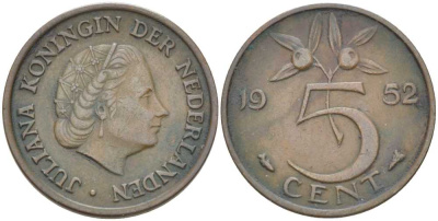 НИДЕРЛАНДЫ 5 ЦЕНТОВ 1952 ЮЛИАНА (1948-1980) KM 181 бронза 213-1014