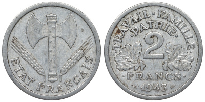 Франция 2 франка 1943 правительство Виши KM 904.1, Le Franc 270.2 алюминий 4123-424
