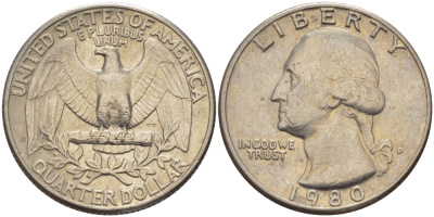 США 25 центов (квотер) 1980 D, Вашингтон KM А164а медь плакированная медно-никелем 31-735