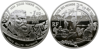 Франция 1 1/2 евро 2005 Жюль Верн, вокруг света за 80 дней KM 2029 серебро PROOF 1068-10-22