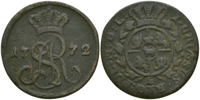 ПОЛЬША 1 ГРОШ 1772 G, SAR МОНОГРАММА KM 177(C38) медь 65-724