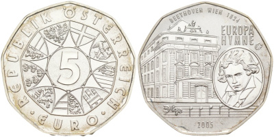 Австрия 5 евро 2005 10 лет вступления Австрии в ЕС, Бетховен, гимн ЕС KM 3120 серебро UNC 01-345-33